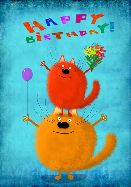 Születésnap kártya macskák-val virágok és a léggömb, így a piramis — Stock Fotó
