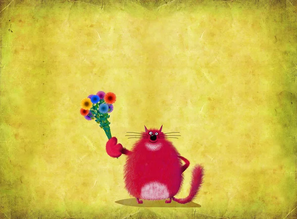 Red Cat Reaching Out Flowers — Stock Photo, Image