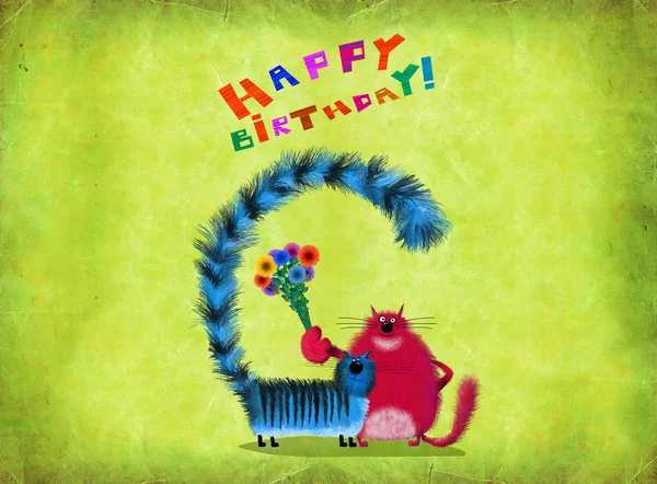 Kék és vörös macska barátok, akik boldog születésnapot — Stock Fotó