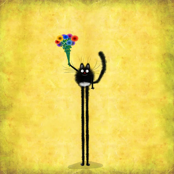 Bir Demet Çiçek Tutan Uzun Bacaklı Siyah Bir Kedi Stok Fotoğraf