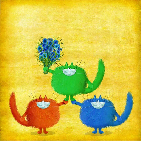 Three Funny Colorful Cats Wearing Medical Masks Bunch Blue Flowers — Stock Photo, Image