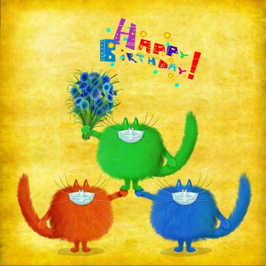 Yüzlerine sağlık maskesi takmış üç komik renkli kedi.. 