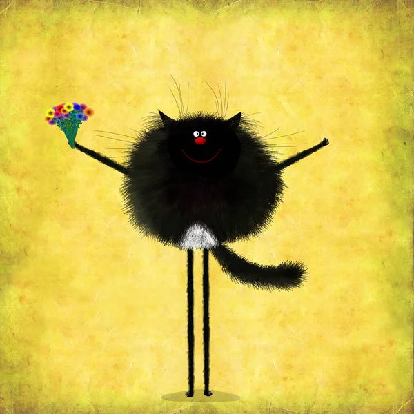 一只滑稽的毛茸茸的黑猫笑着抱着一束五颜六色的野花 图库图片