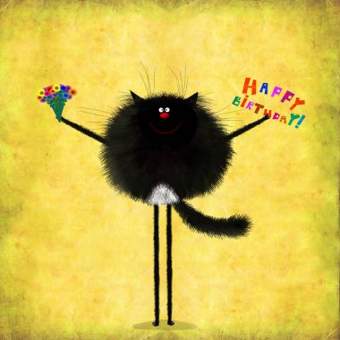 Çok şirin bir doğum günü kartı: uzun bacaklı komik kara kedi elinde bir demet çiçek tutuyor..