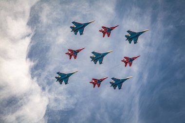 Victory day parade may 9 in Moscow parade of military equipment combat aircraft aerospace forces of the Russian Federation aviation group Swifts and knights Cuban diamond clipart