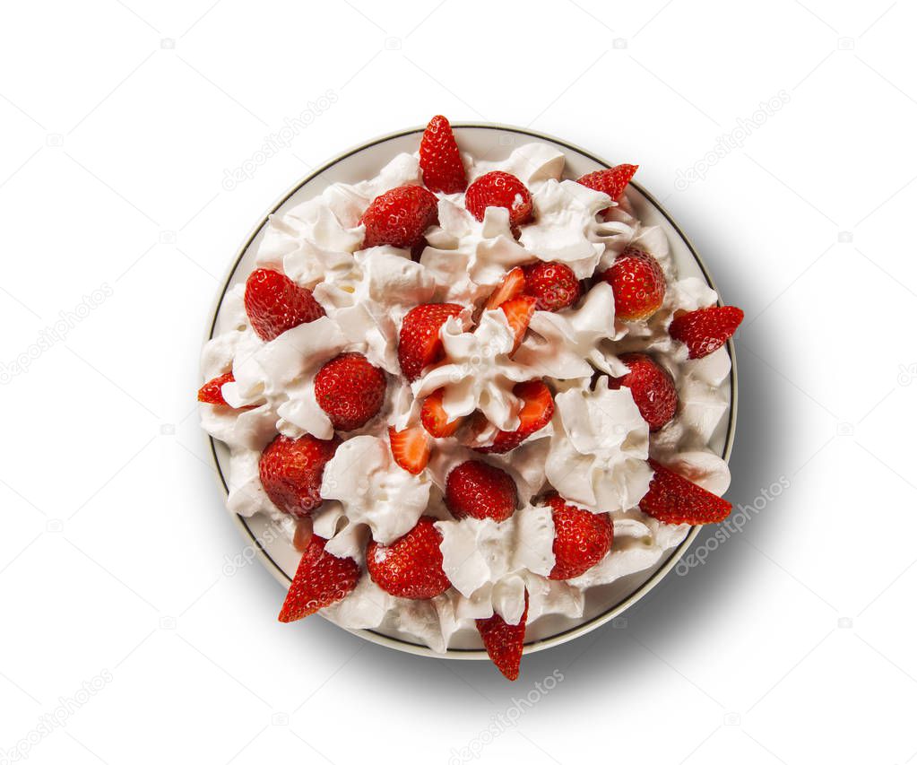 Strawberry with chantilly cream in a dish in white background