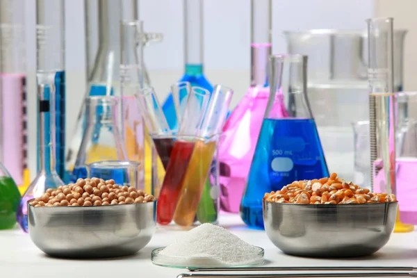 Склад лабораторного матеріалу з кольоровими рідинами в реалістичних скляних горщиках хімічний тест для сої та кукурудзи . — стокове фото