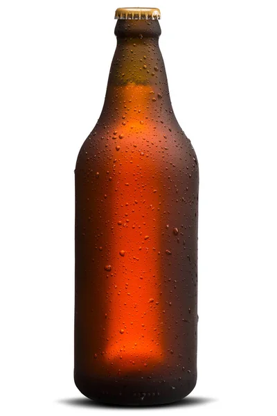 Brown humide Bouteille de bière isolée sur fond blanc — Photo