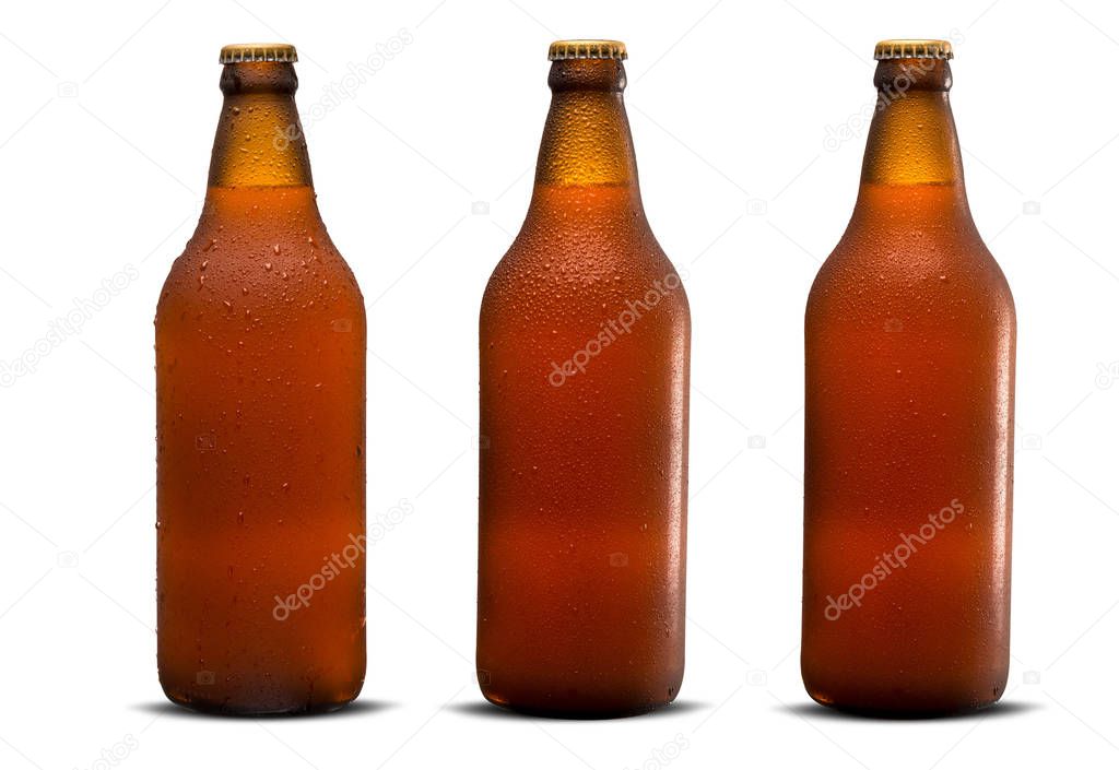 Brown wet Bottle of beer isolated on white background