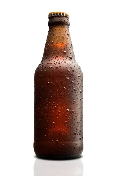 Marrón mojado Botella de cerveza aislada sobre fondo blanco —  Fotos de Stock