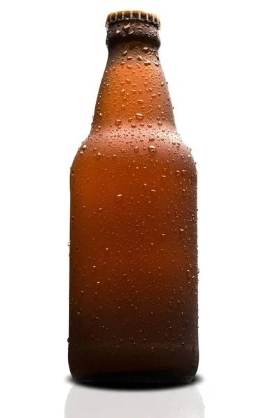 Marrón mojado Botella de cerveza aislada sobre fondo blanco — Foto de Stock