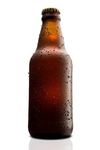 Brown wet Bottle of beer isolated on white background — Stock Photo, Image
