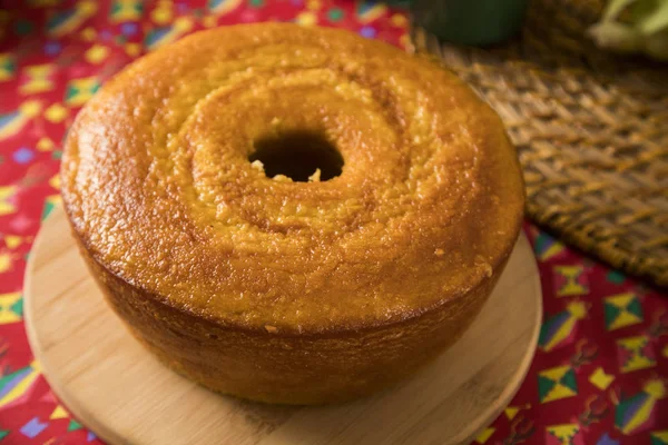 Corn cake on the table with typical Brazilian junina food