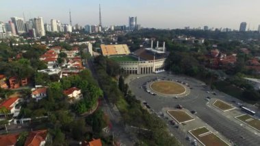 Sao Paulo, Sp, Brezilya, Ağustos, 2017. Hava görünümünü Pacaembu Belediye Stadyumu olarak adlandırılan Paulo Machado de Carvalho, futbol Müzesi, Charles Miller meydanda, Sao Paulo olduğu 