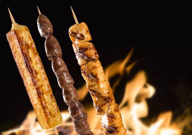 Yangın arka plan üzerinde çeşitli biftek şişleri