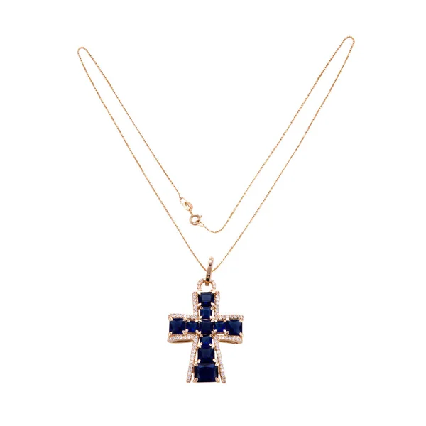 Golden chain necklace with crucifix pendent on the white background — Stock Photo, Image