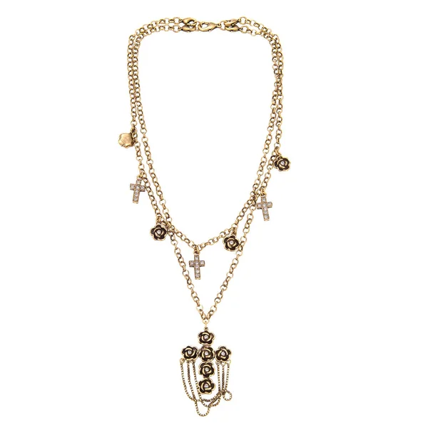 Colar de corrente dourada com crucifixo pendente no fundo branco — Fotografia de Stock
