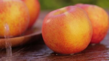 Tatlı taze kuru soğan dolly-shot eski ahşap üzerinde doğal ışık 