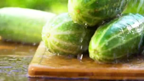 在被喷射水的木菜板上的绿色黄瓜 超级慢动作拍摄 — 图库视频影像