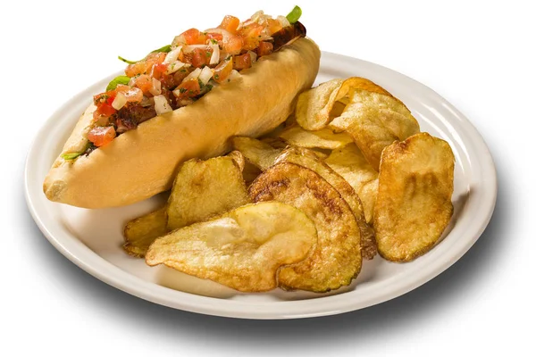 プル豚肉ビネグレットとサンドイッチし、ポテトのチップス — ストック写真