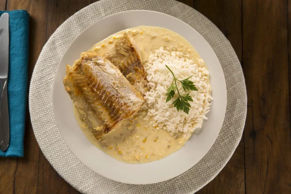 Balık, Mısır krem ve plaka üzerinde pirinç lezzetli doğal gıda. Üstten Görünüm.