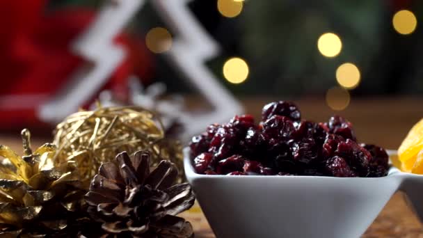 Dried Apricots Pitted Dried Berry Bowl Board Blurred Christmas Background — Stock Video