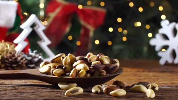 Brazilian Nuts Castanha Para Wood Spoom Old Wooden Blurred Christmas — Stock Video