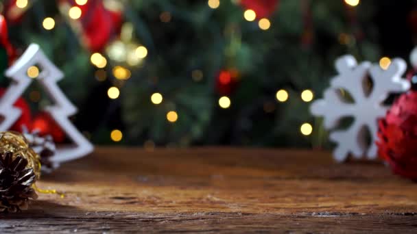 Świątecznego Stołu Niewyraźne Lights Tło Drewniane Biurko Focus Boże Narodzenie — Wideo stockowe