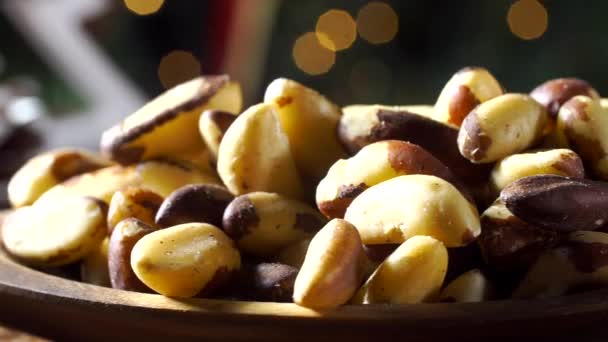 Brazilian Nuts Castanha Para Wood Spoom Old Wooden Blurred Christmas — Stock Video