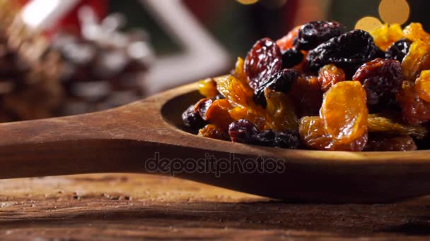 Raisins Wood Spoon Rustic Old Wooden Table Christmas Background — Stock Video