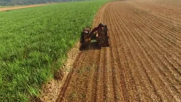 畑の作物に Agriliming を行うフィールドで実行されているトラックのトップ ビュー — ストック動画