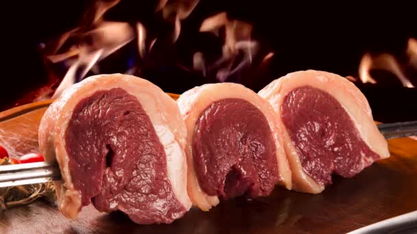 Raw Picanha Traditional Brazilian Barbecue Fire Background — Stock Video