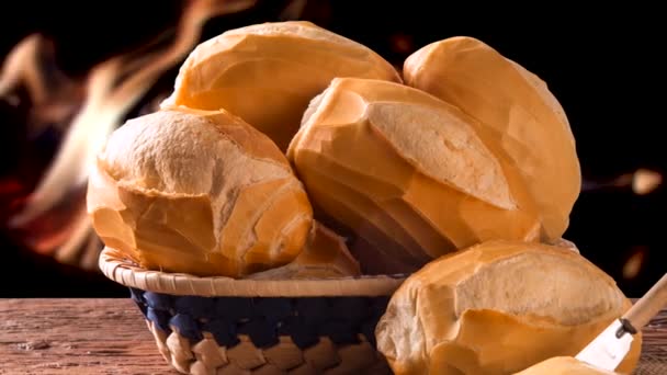 Basket French Bread Traditional Brazilian Bread Butter Fire Background — Stock Video