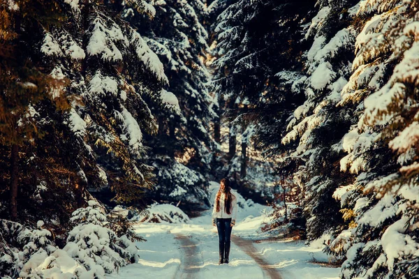 Femme sexy marcher dans la forêt enneigée — Photo