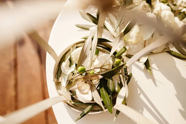 Обручальные кольца из оливковых листьев — стоковое фото