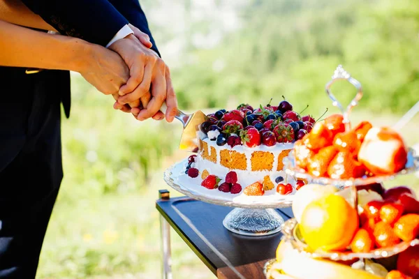 花嫁と新郎のカットウェディングケーキ — ストック写真