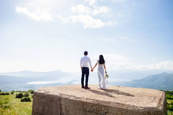 Luna di miele matrimonio coppia viaggio montagne indietro vista — Foto Stock