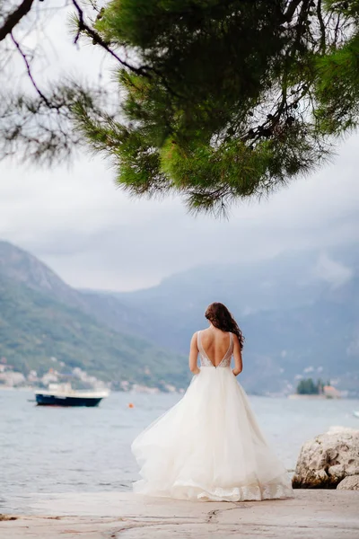 Unidentified bride walking in picturesque bay — Stock Photo, Image