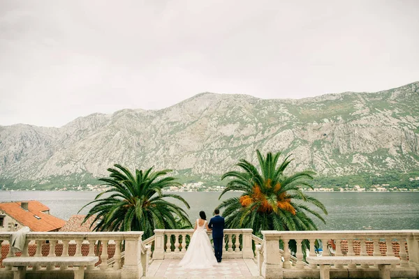 Balayı Düğün çifti arkadan görünüm seyahat — Stok fotoğraf