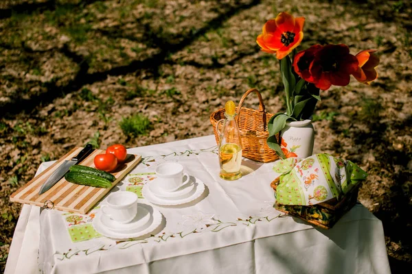 Friska äter picknick med grönsaker utomhus — Stockfoto