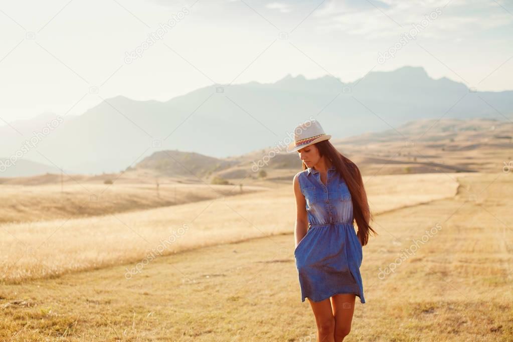 sexy woman travel countryside alone