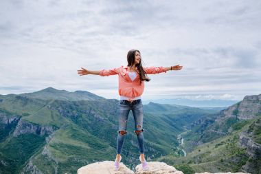 joyful woman travel mountains clipart
