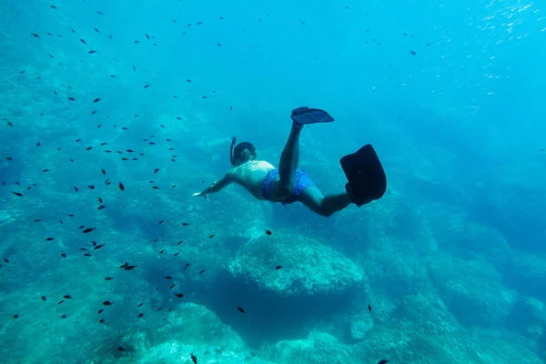 Muž plavat pod vodou v šnorchlu Stock Fotografie