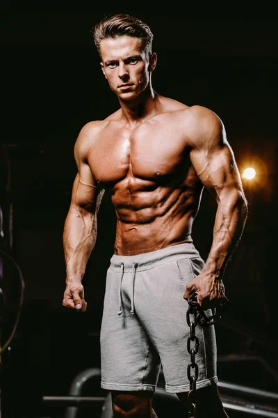 Muskulös Attraktiv Man Gymmet Bodybuilder Stilig Hane Motivationsmänniska — Stockfoto