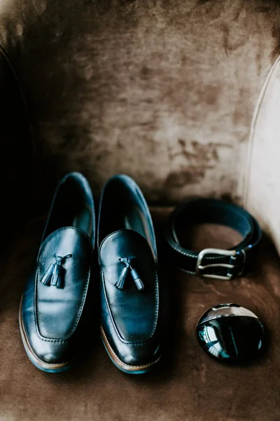 Coleção Acessórios Homem Leigos Plana Com Parfume Sapatos Homem Cinto — Fotografia de Stock