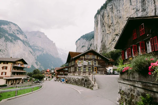 Village Montagne Suisse Lauterbrunnen Suisse Rue Suisse Avec Hôtels — Photo