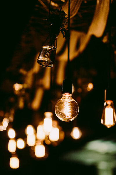 vintage light bulbs in bar. Light bulbs background