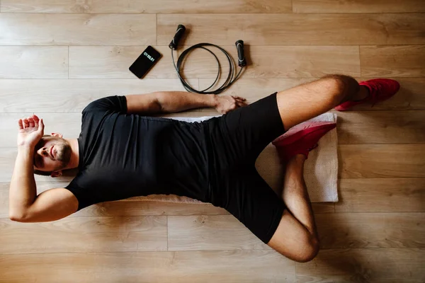 Atlet Sindrom Yang Terlatih Terbaring Lantai Bekerja Keluar Kebugaran Lelah — Stok Foto