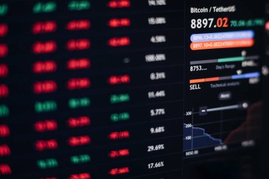 Bitcoin fiyat grafiği piyasa analizi ekranı. Şifreli para çevrimiçi yatırımı ticareti. Mali araçlar ekran grafiği analizleriName