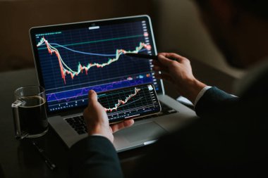 Yatırım borsacısı kâr analizi. Hisse senedi alım-satımı, grafik fiyat tahmini ve kâr artışı. Birden fazla aygıt kullanan yönetici.